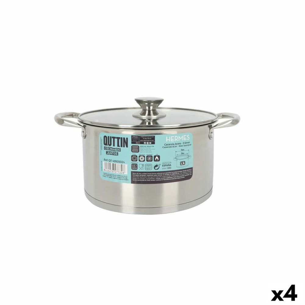 Casserole avec couvercle en verre Quttin Hermes Acier 5,5 L (4 Unités)