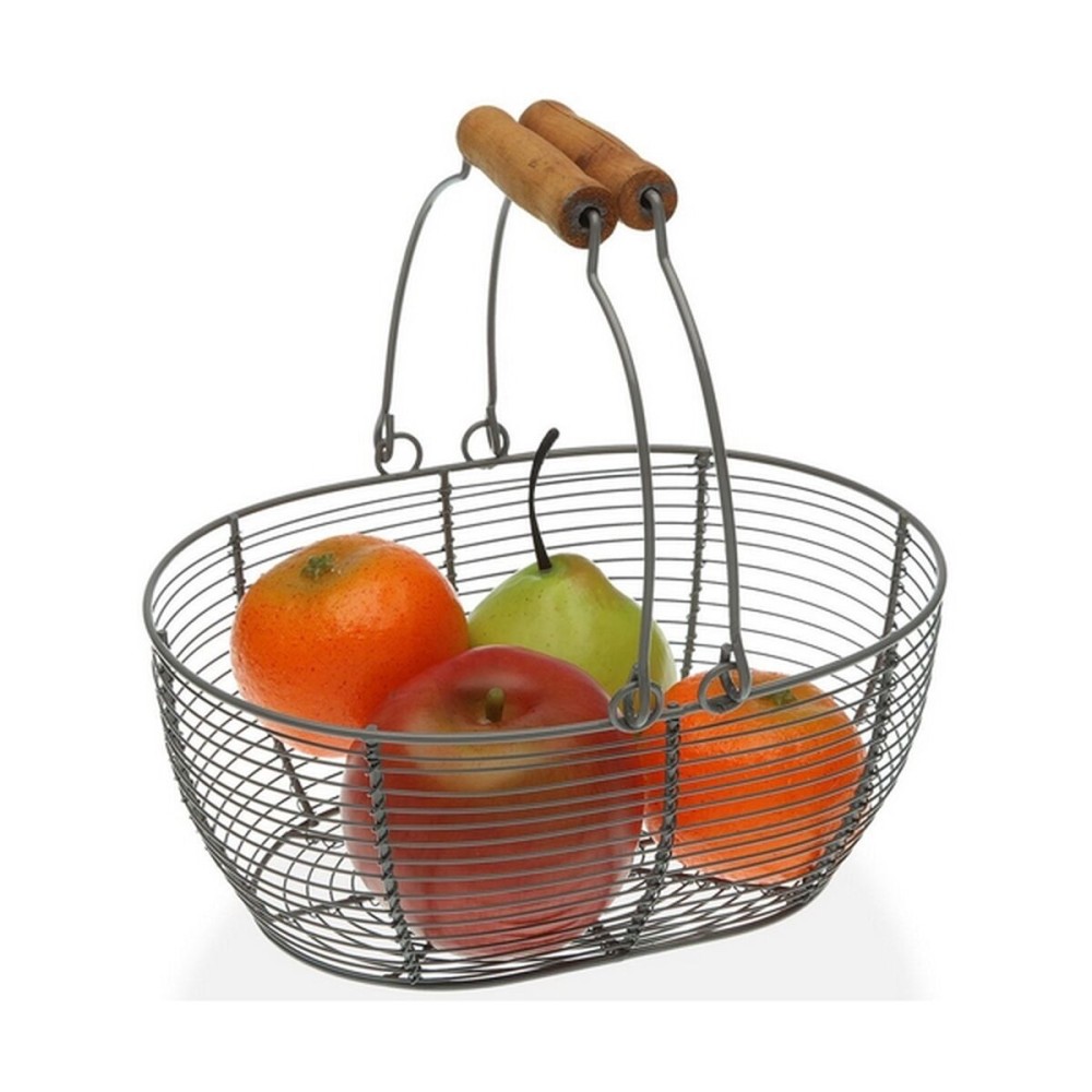 Fruit Bowl Versa Grey Oval Metal Wood Steel (18 x 9,5 x 23,5 cm)