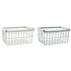 Wire Basket DKD Home Decor Green Beige Metal Pinewood Vintage 30,5 x 20 x 14,5 cm (2 Units)