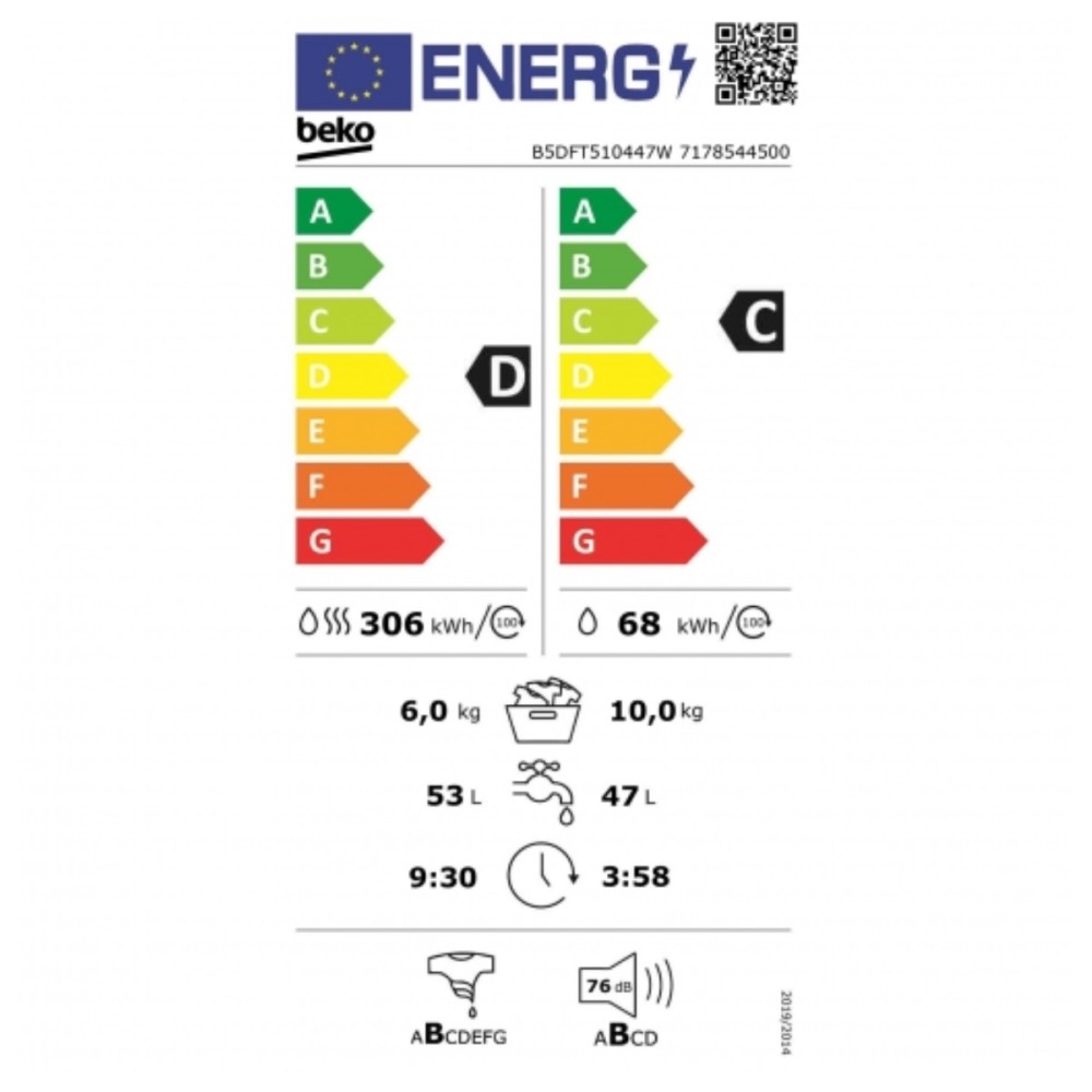 Waschmaschine / Trockner BEKO B5DFT510447W 1400 rpm 10 kg 10kg / 6kg 60 cm