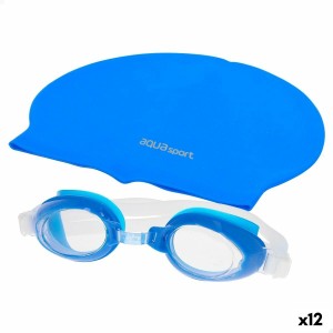 Swimming Cap and Goggles AquaSport Blue Children's Plastic (12 Units)