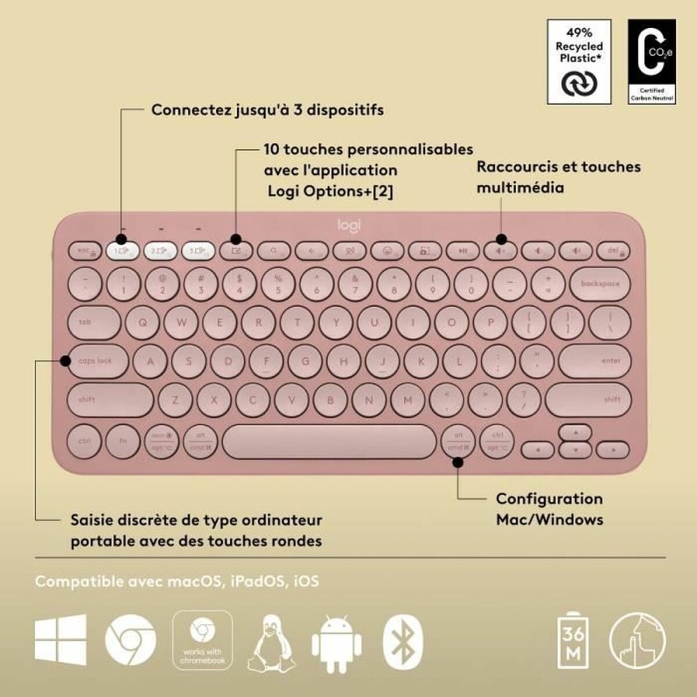 Clavier Bluetooth avec Support pour Tablette Logitech K380 Français Rose AZERTY