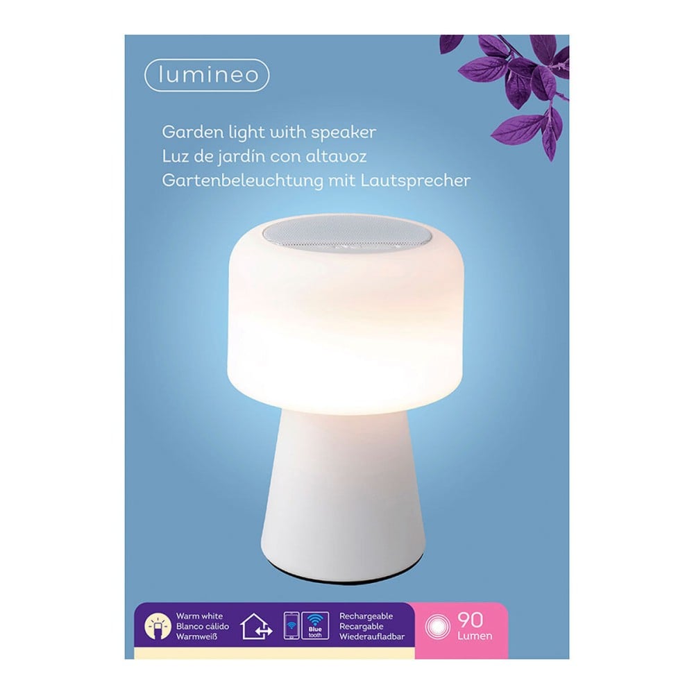 Lampe LED avec haut-parleur Bluetooth et chargeur sans fil Lumineo 894417 Blanc Rechargeable