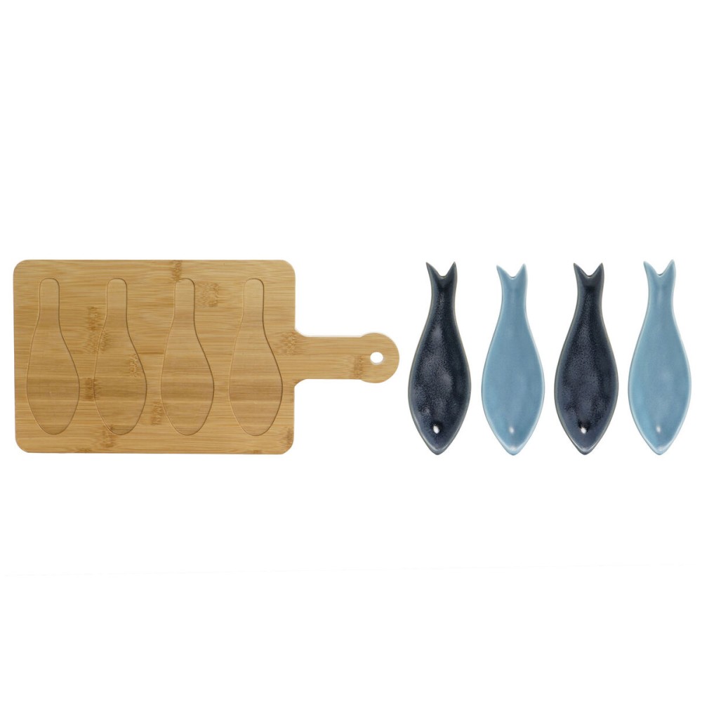 Satz für Appetithäppchen Home ESPRIT Blau grün Marineblau Bambus Porzellan Mediterraner Fische 36 x 18 x 1,3 cm 5 Stücke