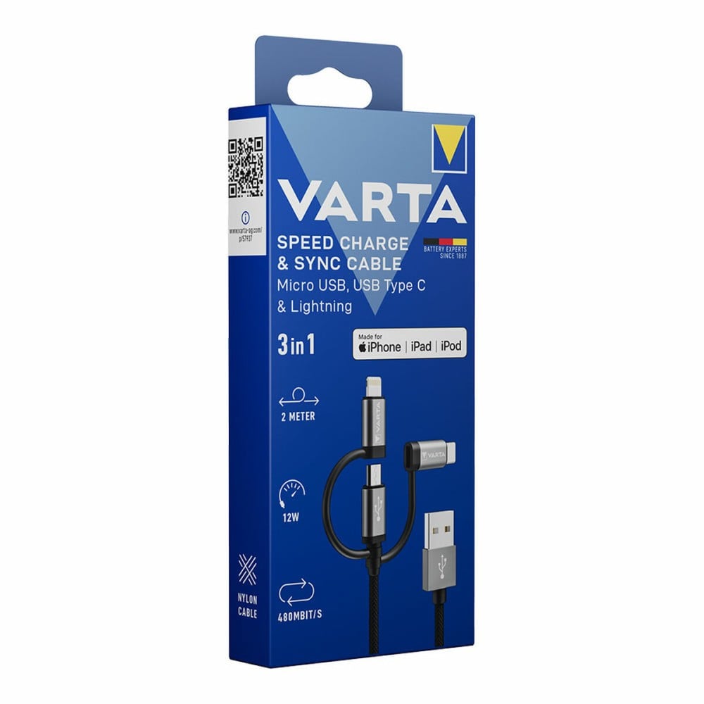 USB Cable Varta 2 m Black 3-in-1 USB-C Micro USB Lightning