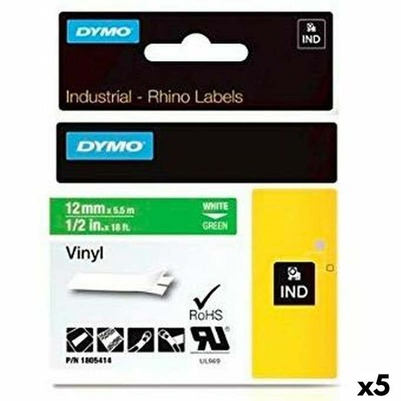 Ruban Laminé pour Etiqueteuses Rhino Dymo ID1-12 12 x 5,5 mm Blanc Vert Autocollants (5 Unités)