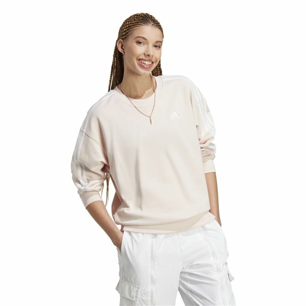 Damen Sweater mit Kapuze Adidas 3 Stripes Ft Swt Weiß Beige