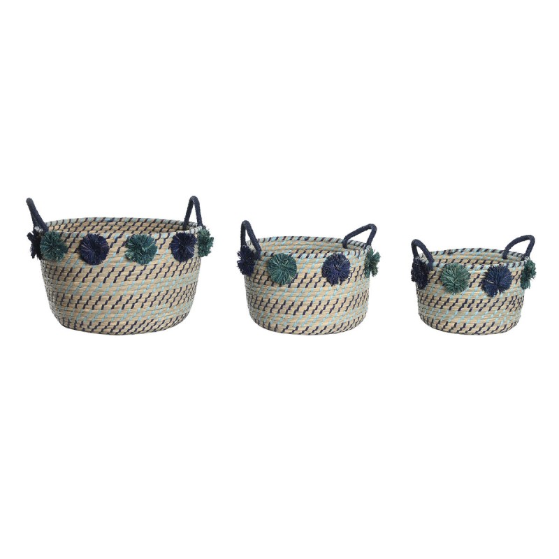 Set de basket DKD Home Decor 46 x 44 x 34 cm Pompons polypropylène Herbier marin