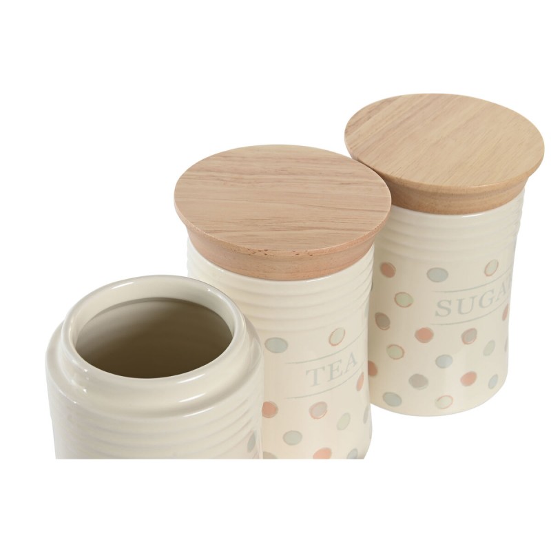 Tin DKD Home Decor Beige Bamboo Stoneware Polka dots 10 x 10 x 16 cm (3 Units)