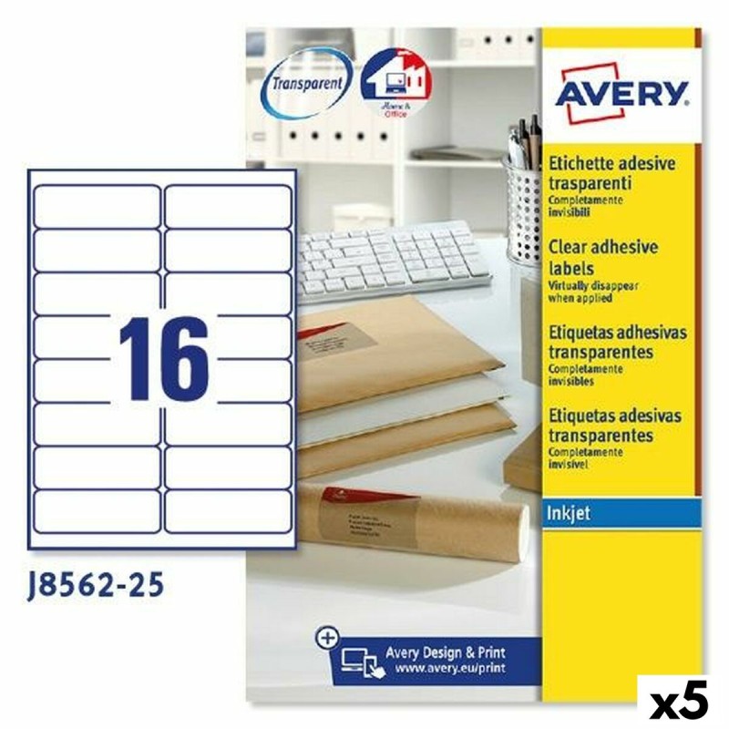 Printer Labels Avery J8562 25 Sheets 99,1 x 33,9 mm Transparent (5 Units)