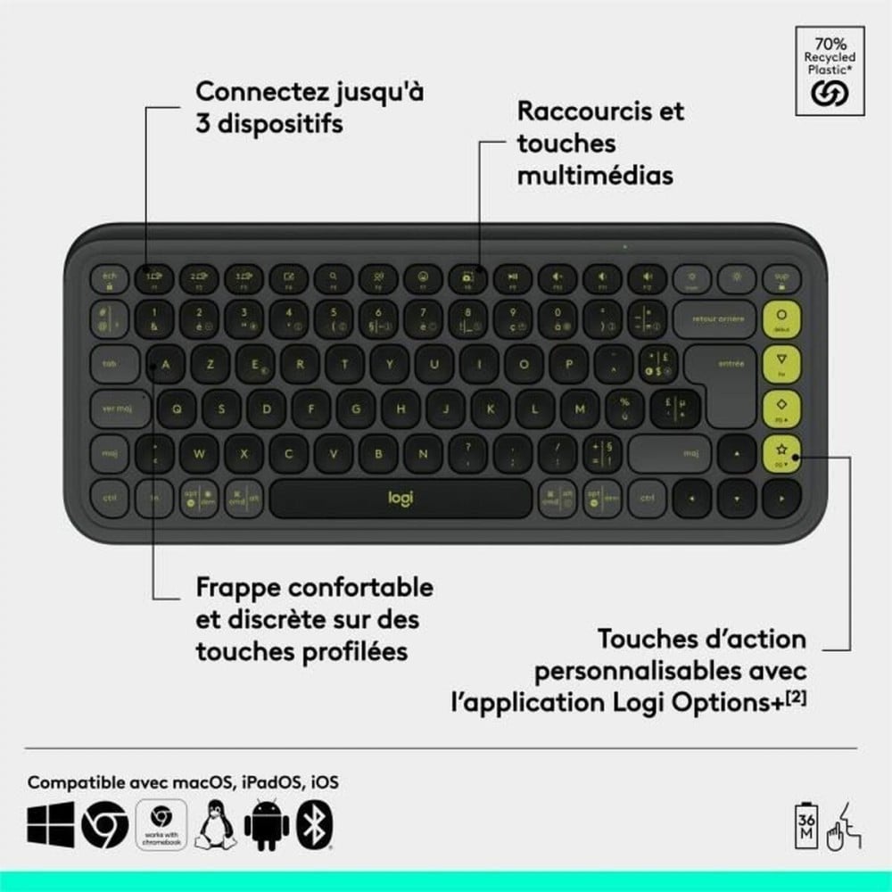 Clavier sans fil Logitech Pop Icon Keys Gris foncé AZERTY