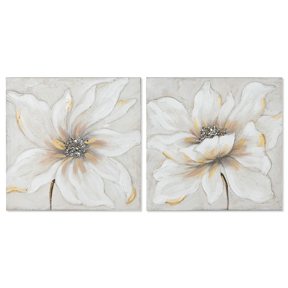 Painting Home ESPRIT White Beige Canvas MDF Wood Flower Romantic 50 x 2,5 x 50 cm (2 Units)