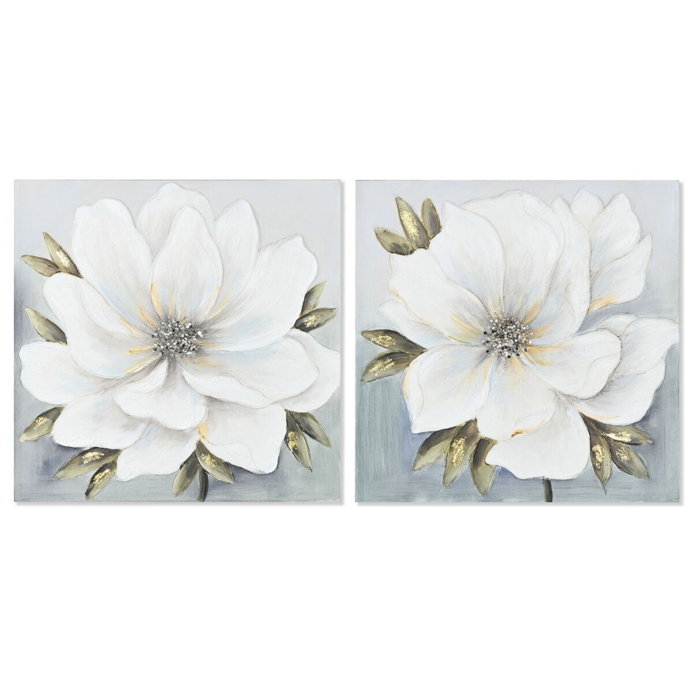 Painting Home ESPRIT White Golden Canvas MDF Wood Flower Romantic 60 x 3 x 60 cm (2 Units)