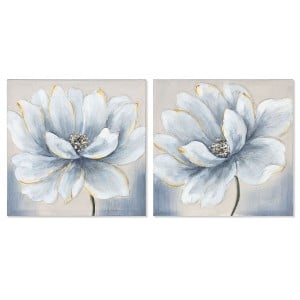 Painting Home ESPRIT Blue White Canvas MDF Wood Flower Traditional 40 x 2,5 x 40 cm (2 Units)