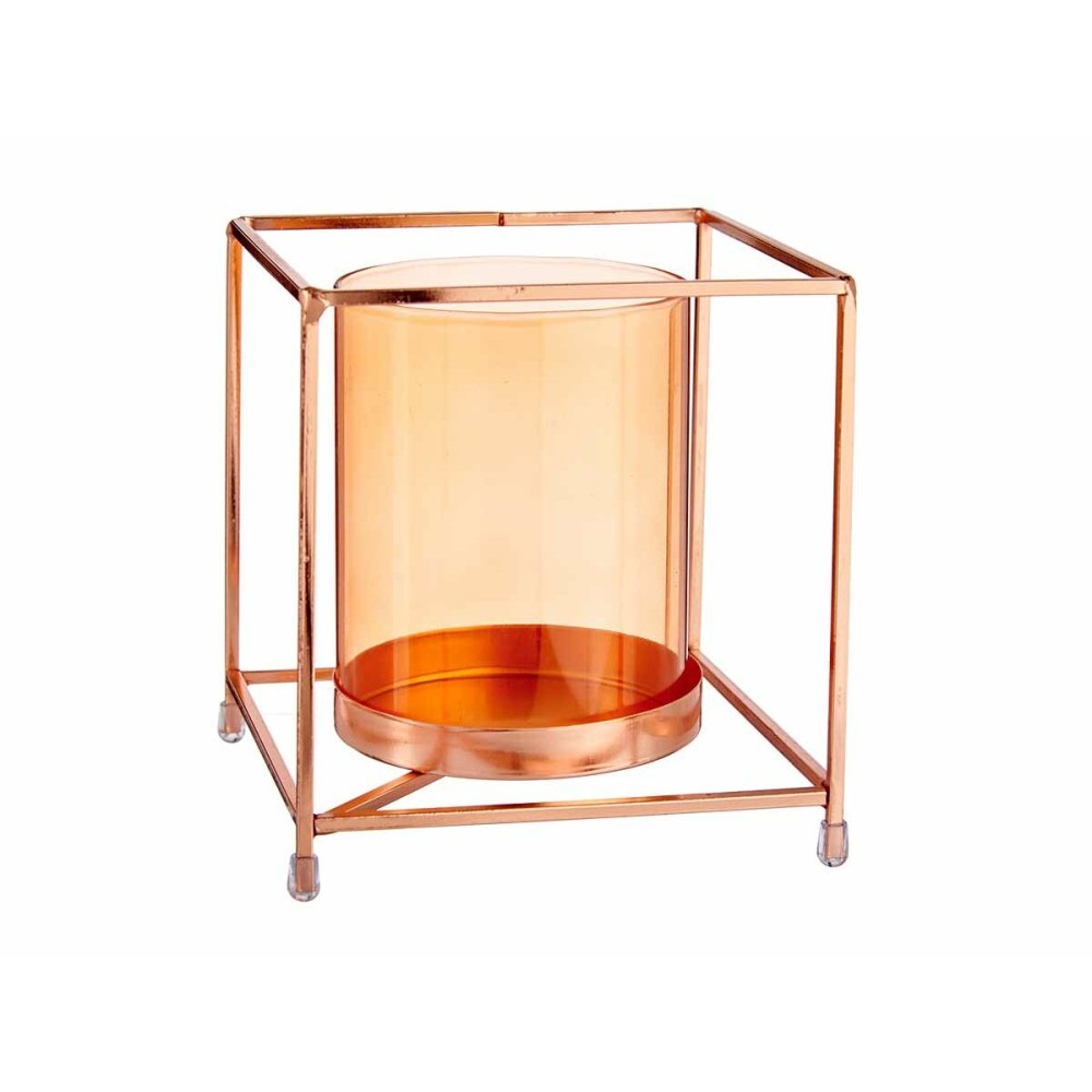 Candleholder Squared Copper Amber 14 x 15,5 x 14 cm Golden Metal Glass