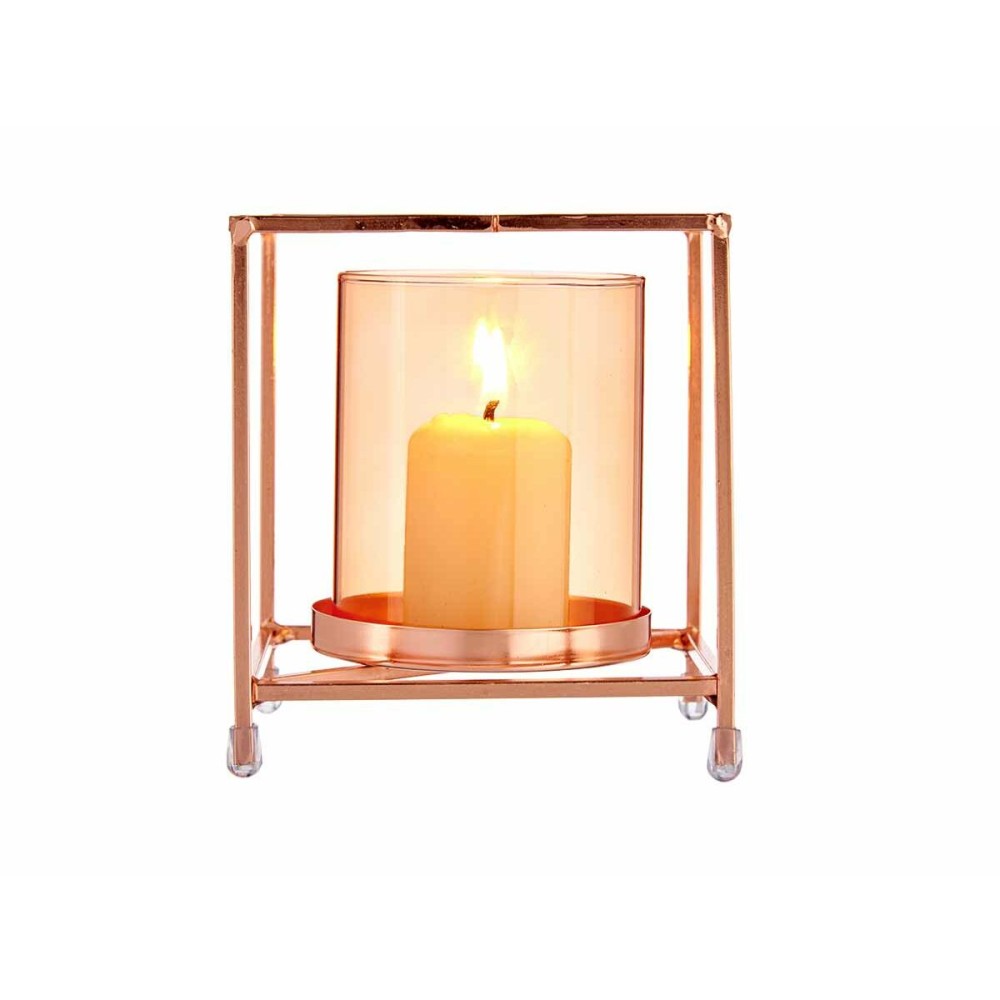 Candleholder Squared Copper Amber 11,5 x 12,6 x 11,5 cm Metal Glass