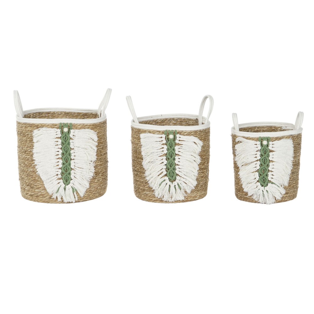 Set de basket Home ESPRIT Blanc Vert Naturel Fibre naturelle Tropical 39 x 39 x 47 cm (3 Pièces)