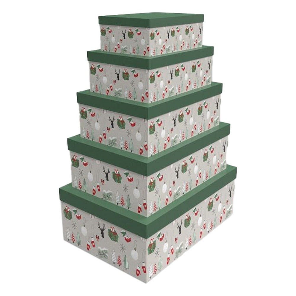 Jeu de Caisses de Rangement Empilables DKD Home Decor Vert Gris Carton 50 x 35 x 25 cm (5 Unités)