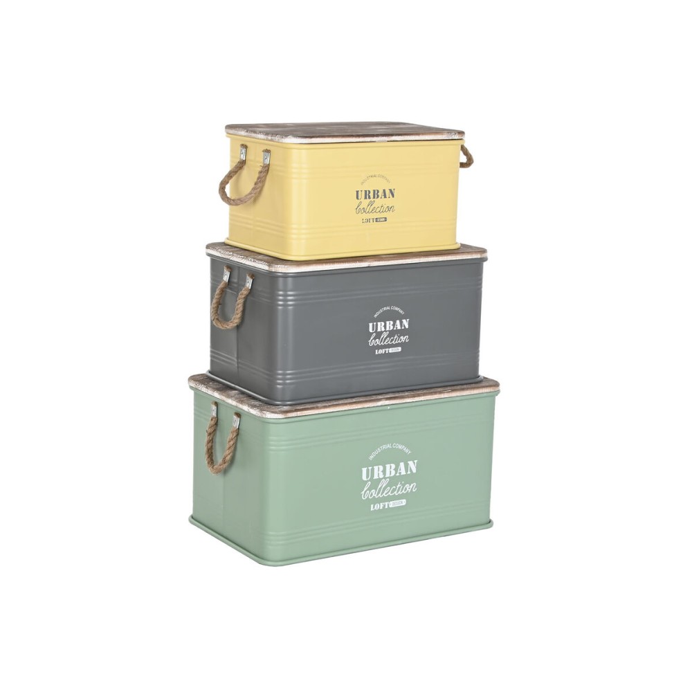 Set of Chests Home ESPRIT Yellow Green Grey Dark brown Metal Vintage 60 x 38 x 32,5 cm