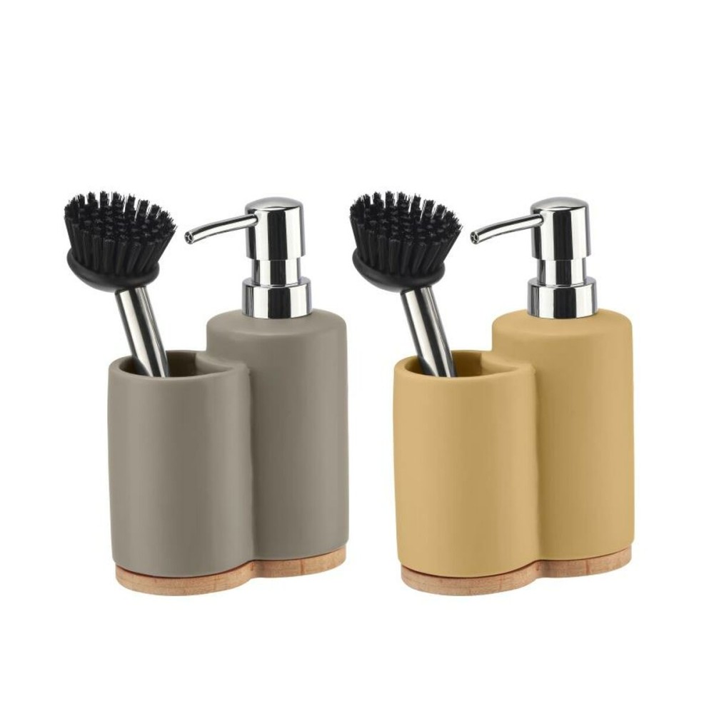 Soap Dispenser Home ESPRIT Beige Grey Silver Bamboo Stainless steel Dolomite 11,5 x 6,5 x 18,5 cm (2 Units)