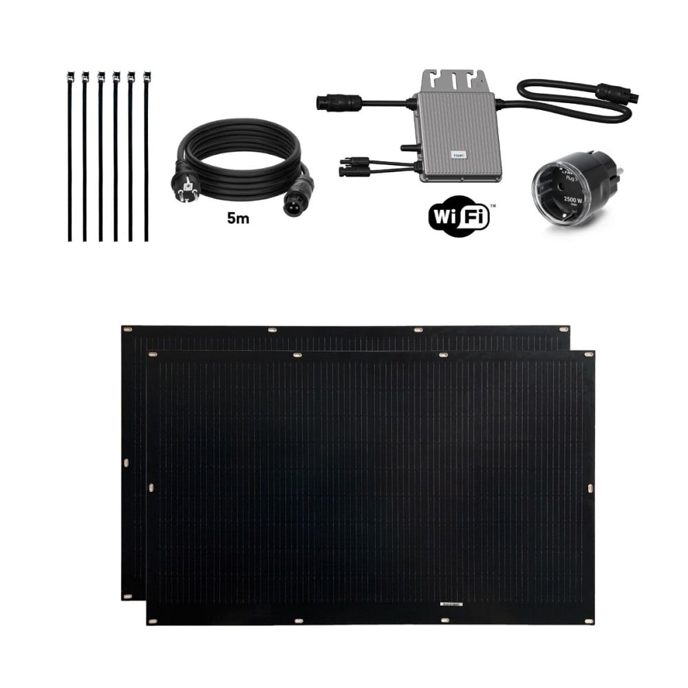 Self-installable Solar Kit Flex Full Black 400W x2 ultralight and flexible solar panels. Recommended use for balcony.