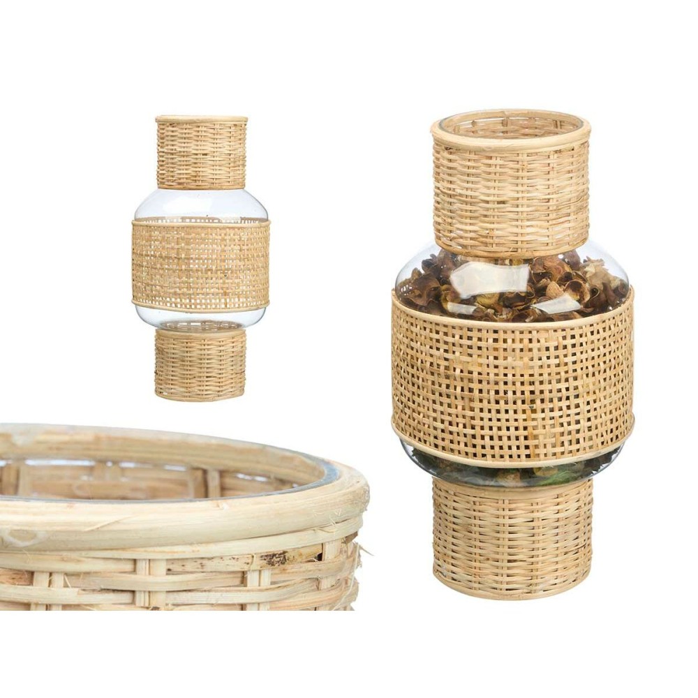 Kerzenschale SG-29652 Durchsichtig natürlich Glas Rattan 18 x 38 x 18 cm (4 Stück)