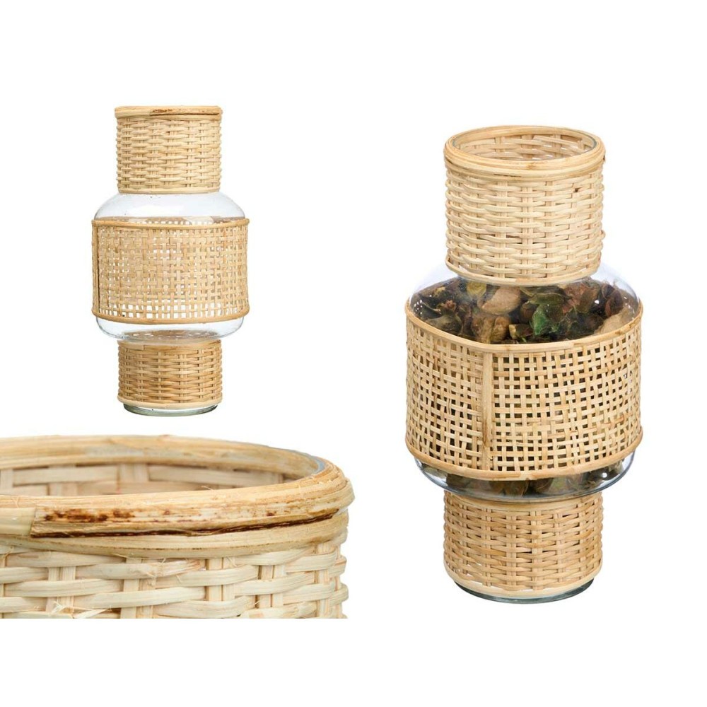 Kerzenschale SG-29653 Durchsichtig natürlich Glas Rattan 15,5 x 31 x 15,5 cm (6 Stück)