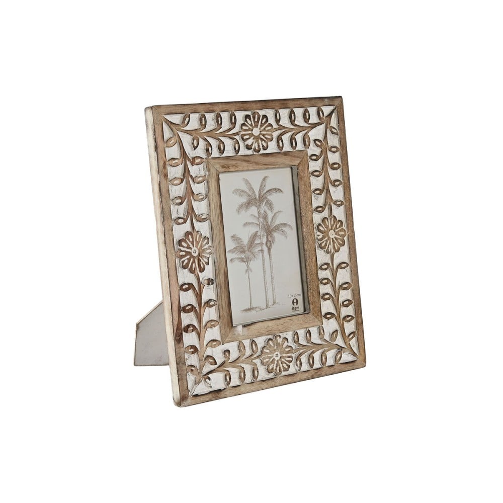 Cadre photo Home ESPRIT Blanc Naturel Verre Bois de manguier Fleur Indien 21 x 2 x 26,5 cm