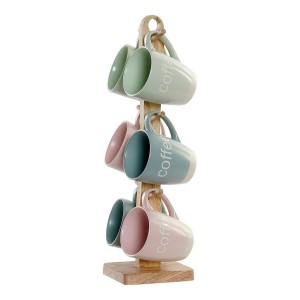 Mug DKD Home Decor Multicolour Blue Pink Rubber wood Green Stoneware 160 ml (3 Units) (7 pcs)