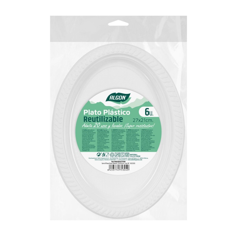 Set of reusable plates Algon White 27 x 21 cm Plastic Oval 6 Units