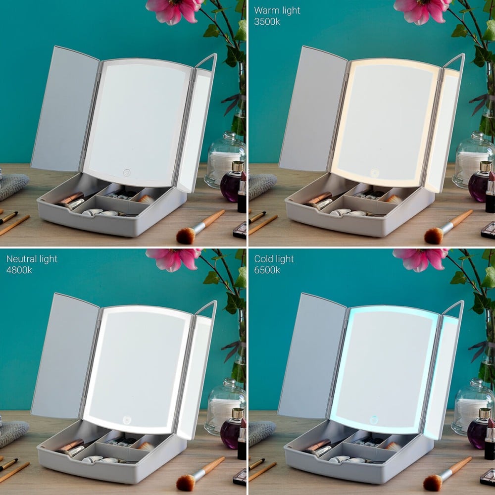 Miroir LED Pliable avec Organisateur de Maquillage 3-en-1 Panomir InnovaGoods