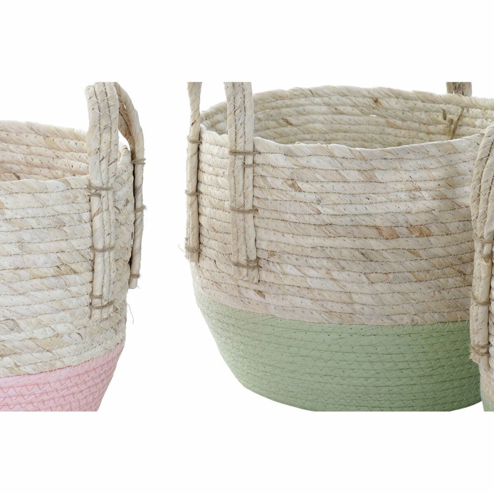 Basket set DKD Home Decor Natural Pink Green Natural Fibre 30 x 30 x 32 cm Boho (2 Units)