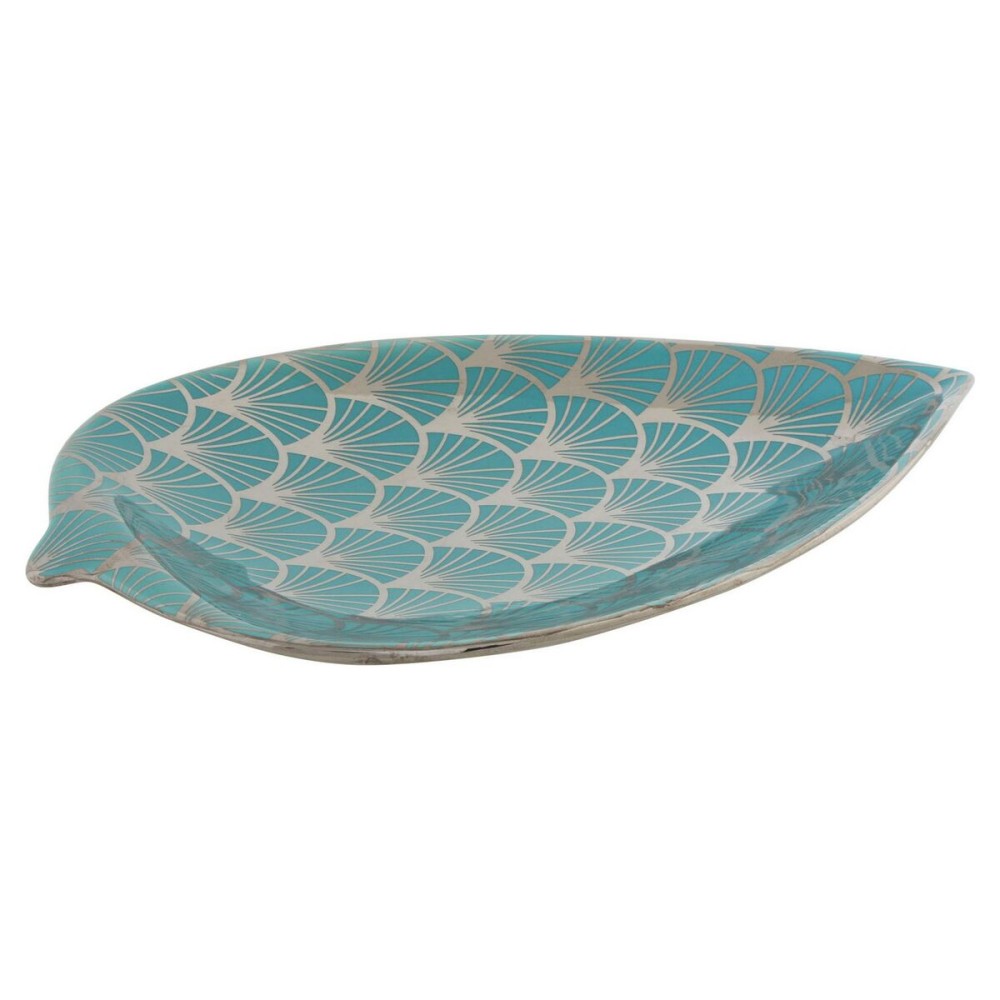 Centre de Table DKD Home Decor 27,5 x 16 x 3 cm Turquoise Oriental Chrome Feuille d'une plante