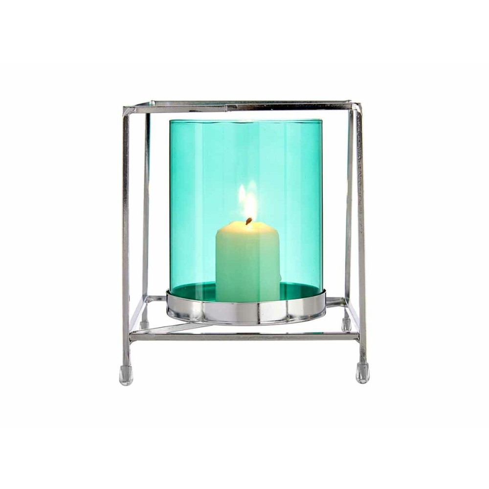 Candleholder Squared Silver Blue 14 x 15,5 x 14 cm Metal Glass