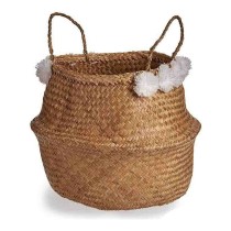 Basket White Brown Natural Rushes Pompoms 8 L 32 x 30 x 32 cm