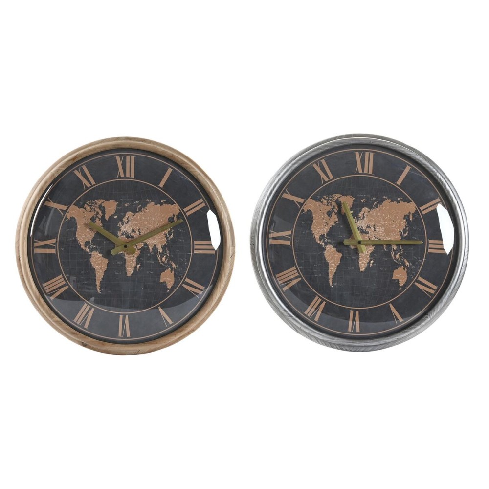 Wanduhr DKD Home Decor 46 x 6,5 x 46 cm Kristall Silberfarben Schwarz Gold Braun Eisen Weltkarte (2 Stück)