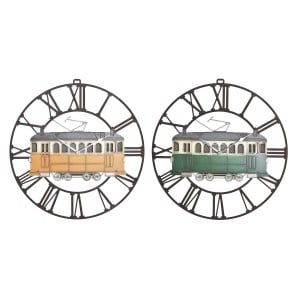 Horloge Murale DKD Home Decor 49,5 x 3,5 x 48 cm Métal Vert Jaune Vintage Train (2 Unités)