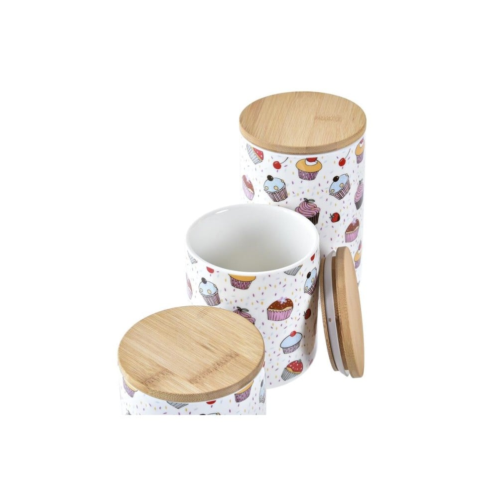 Set de 3 Boites DKD Home Decor Naturel Blanc Multicouleur Bambou Grès 10 x 10 x 17 cm Cupcake