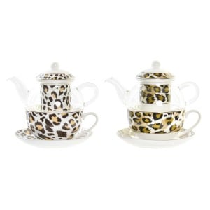 Teekanne DKD Home Decor Leopard Kristall Porzellan Braun Durchsichtig Weiß (2 Stück)