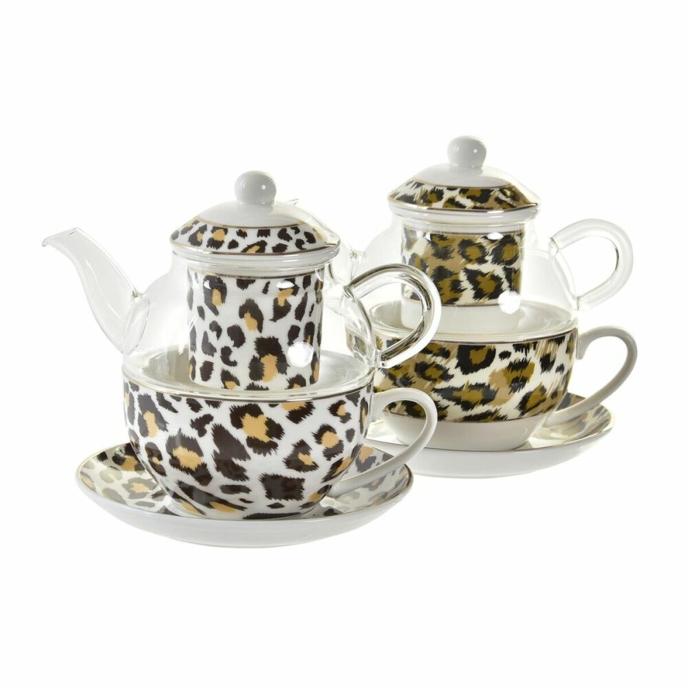 Teapot DKD Home Decor Leopard Crystal Porcelain Brown Transparent White (2 Units)