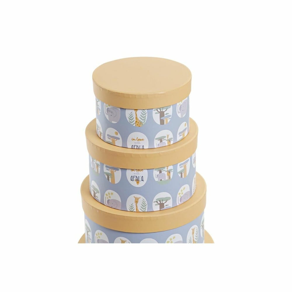 Jeu de Caisses de Rangement Empilables DKD Home Decor animaux Rond Bleu Carton (37,5 x 37,5 x 18 cm)