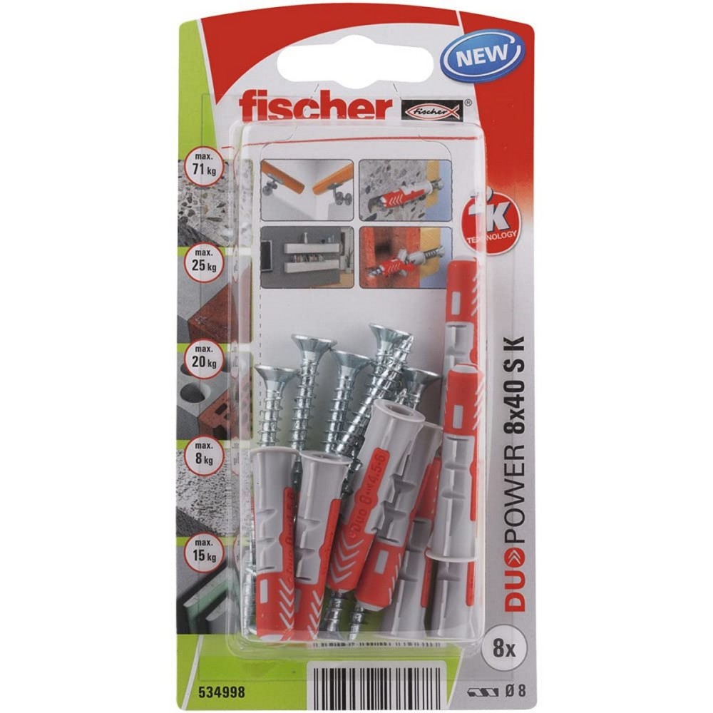 Chevilles et vis Fischer Duopower 534998 8 x 40 mm 8 Pièces Nylon 1 Pièce