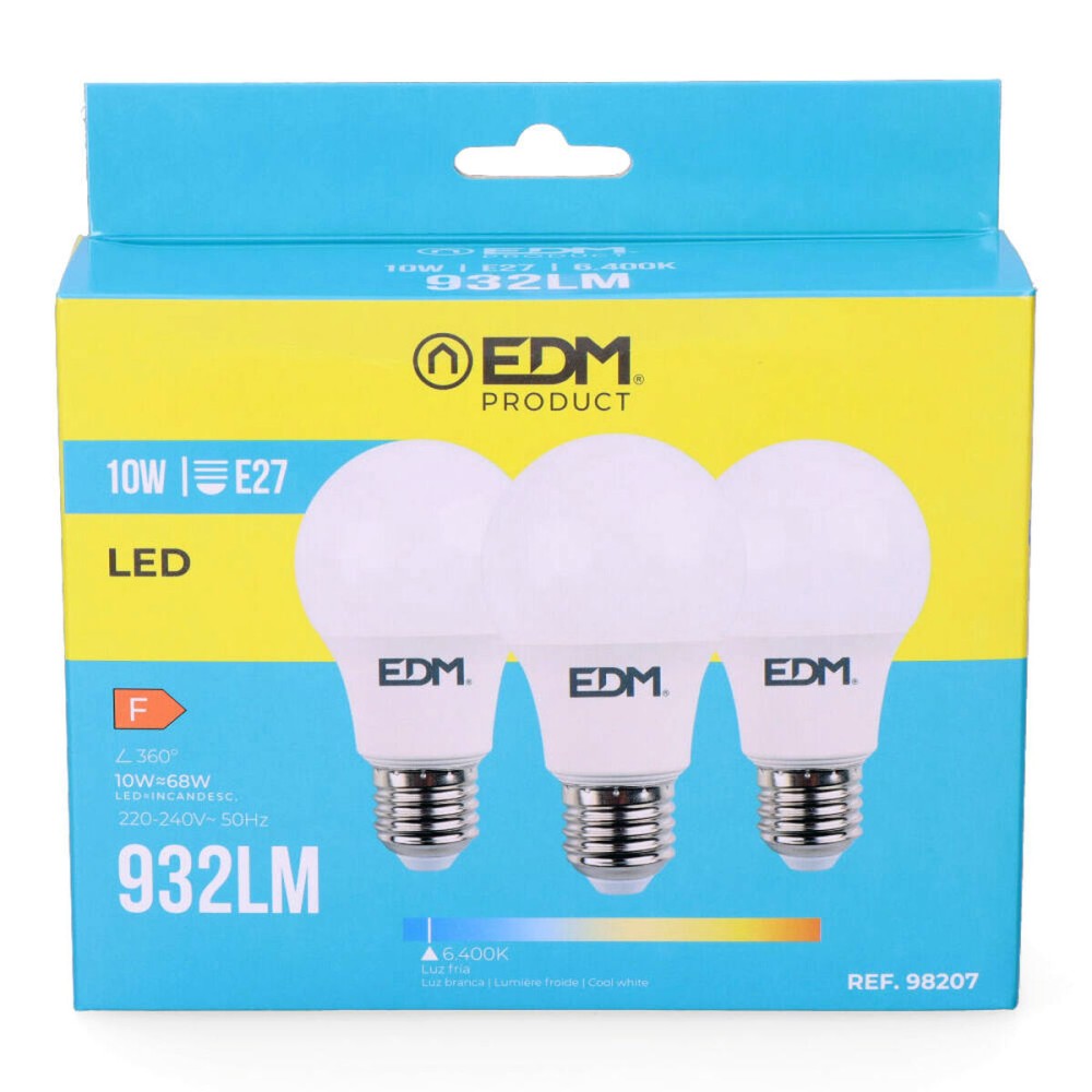 Packung mit 3 LED-Lampen EDM 98207 F 60 W 10 W 68 W E27 810 Lm 932 Lm Ø 6 x 10,8 cm (6400 K)