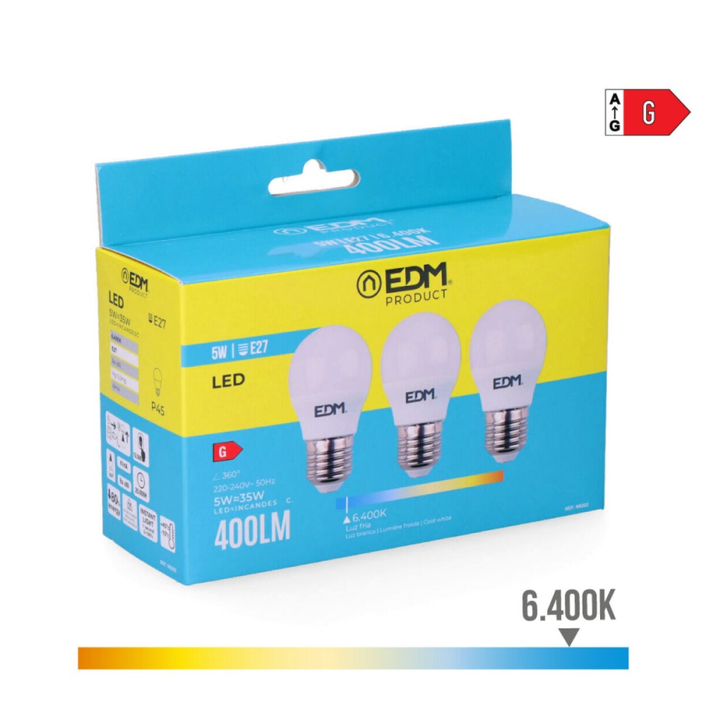 Pack of 3 LED bulbs EDM 98203 G 35 W 5 W 50 W E27 400 lm Ø 4,5 x 8 cm (6400 K)