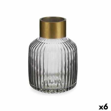 Vase Stripes Grey Golden Glass 14,5 x 22 x 14,5 cm (6 Units)