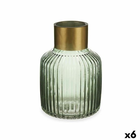 Vase Stripes Green Golden Glass 14,5 x 22 x 14,5 cm (6 Units)