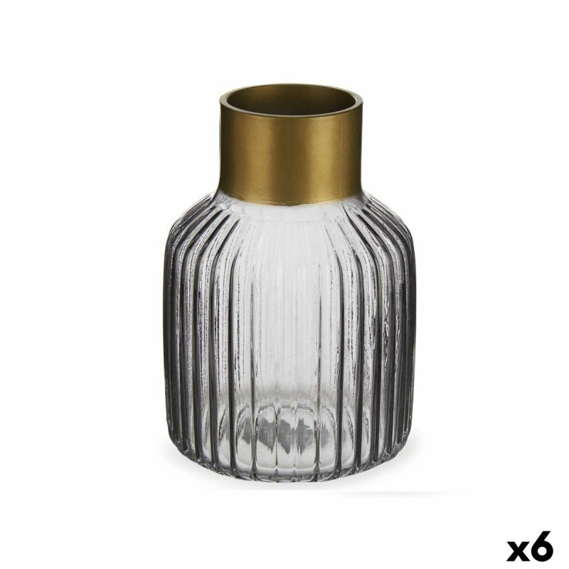 Vase Stripes Grey Golden Glass 12 x 18 x 12 cm (6 Units)