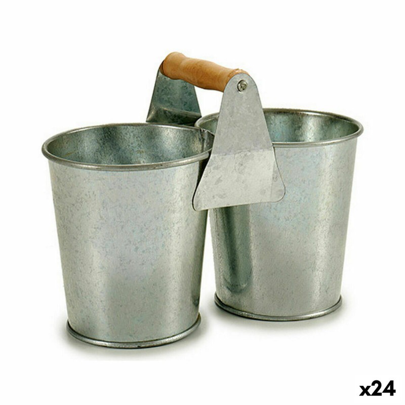 Blumentopf Double Braun Silberfarben Holz Zink 20 x 15 x 10,2 cm (24 Stück)