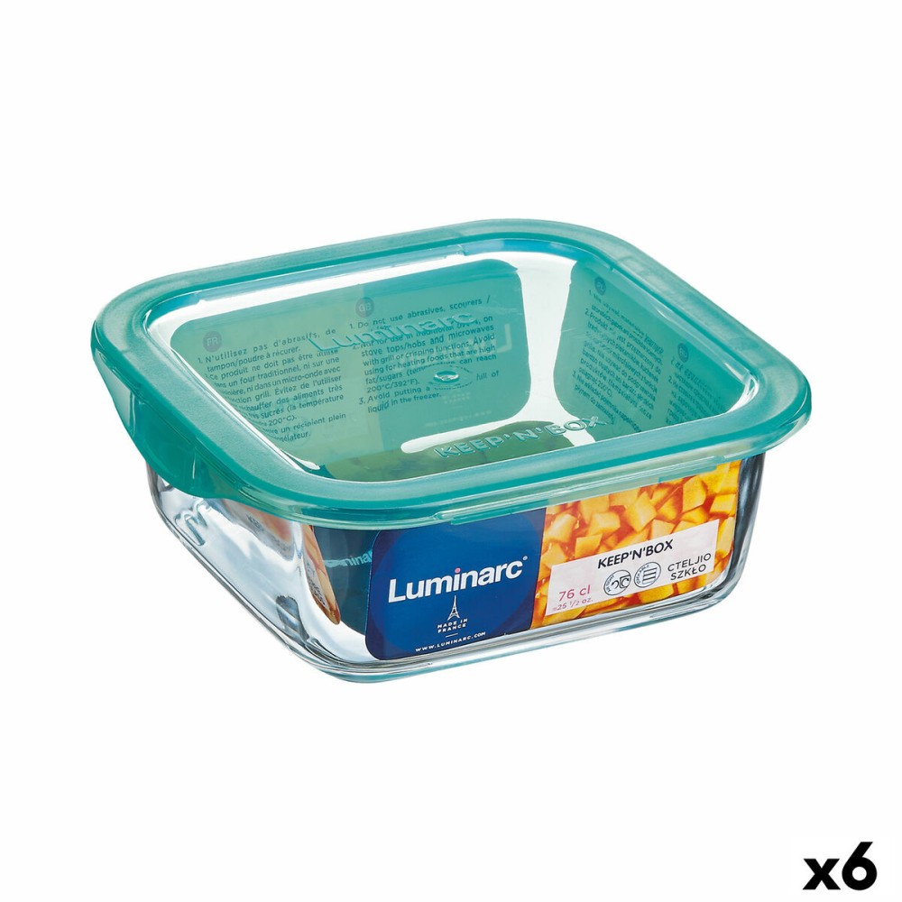 Square Lunch Box with Lid Luminarc Keep'n Lagon 10 x 5,4 cm Turquoise 380 ml Bicoloured Glass (6 Units)