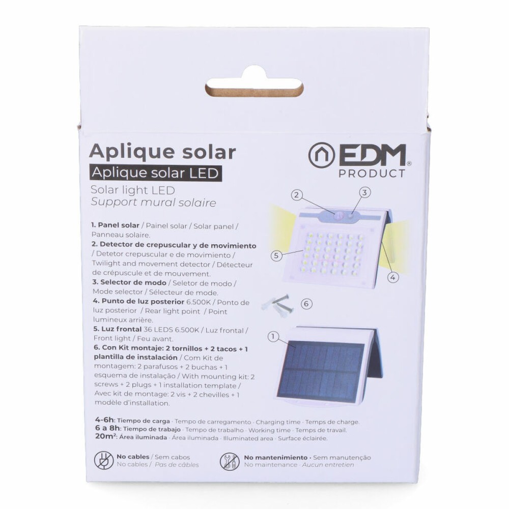 Applique LED EDM 31846 Blanc 2 W 220 lm Solaire Capteur de Mouvement (6500 K)